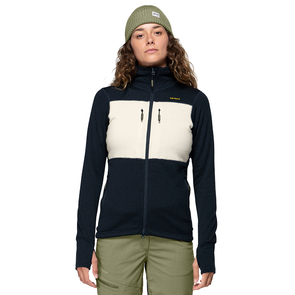 Дамско вълненo яке Devold Egga Grid Merino Jacket Woman Ink Offwhite I CampingRocks - лице