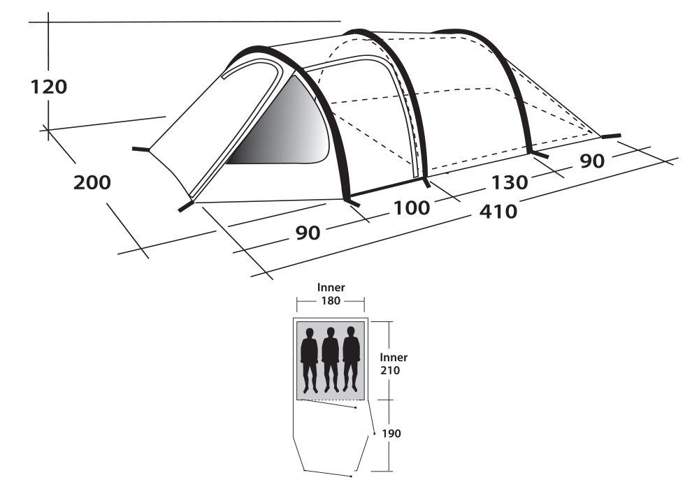 Графика размери на триместна палатка Outwell Earth 3 модел 2020