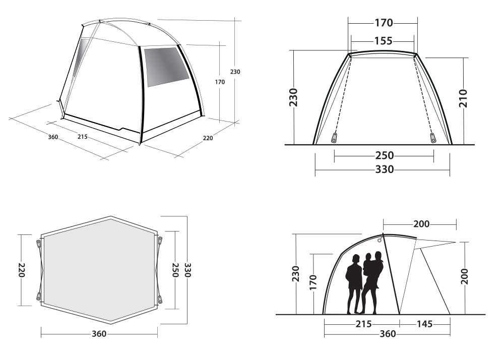 Графика размери на палатка - форселт Outwell Woodcrest Drive-Away Awning 2021